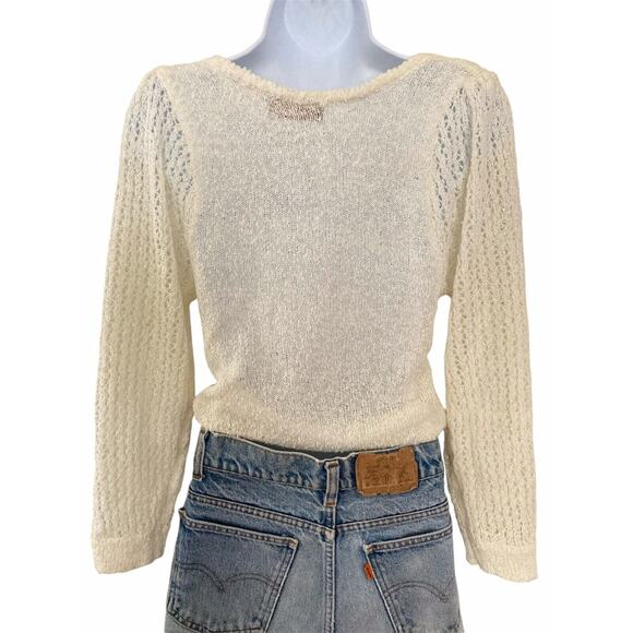 Vintage 70s 80s Boho Cottage Preppy Cream White Thin Knit Embroidered Sweater - Picture 4 of 8